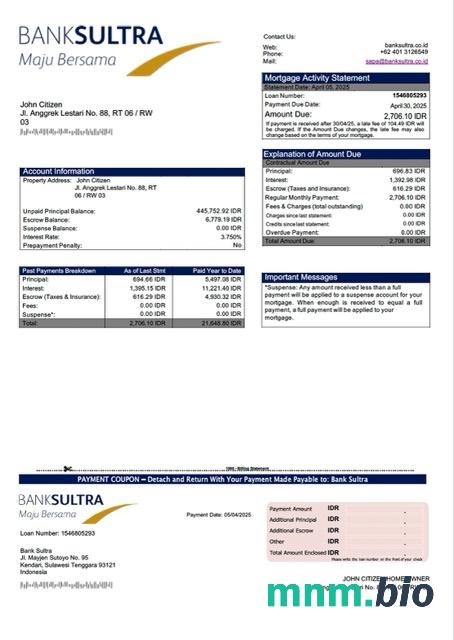 Indonezja Bank Sultra wyciąg z kredytu hipotecznego szablon Word i PDF